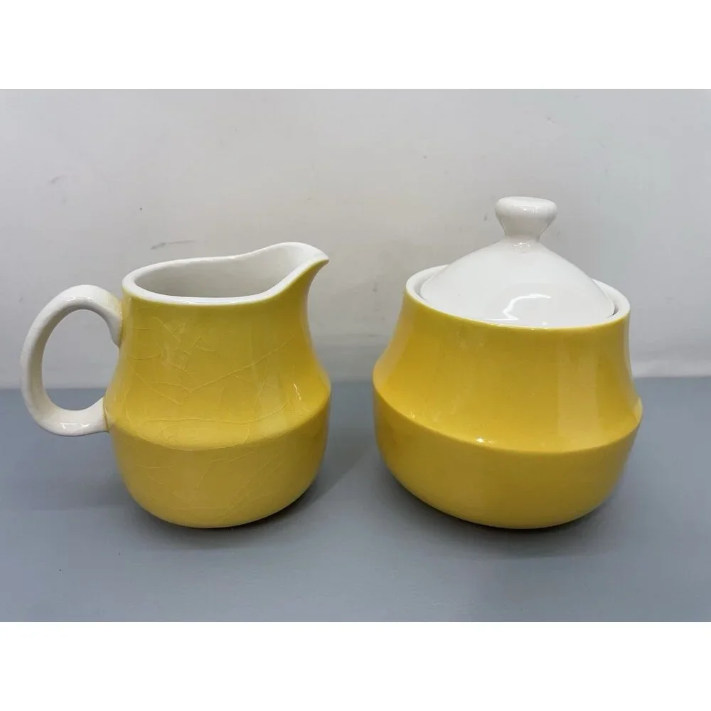 Vintage Mikasa Creamer‎ Sugar Set Japan Cera-Stone Yellow White MCM D1350